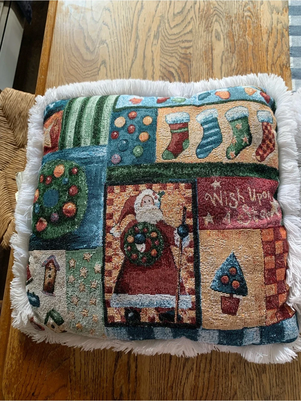 Holiday Fringe Tapestry Throw Pillow Pair Blue/Green Christmas Tree & Stockings